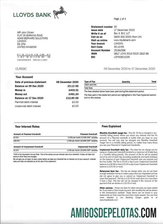 Modelo de comprovante de endereço em branco do Reino Unido Lloyds Bank, totalmente editável em formato PSD